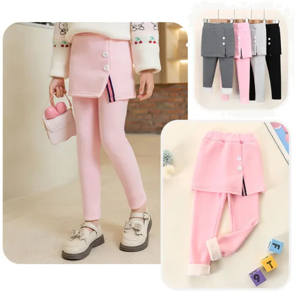 【3Y-10Y】Girls Fashionable Solid Color Padded Fleece Fake Two-piece Leggings - Popopieshop.com 