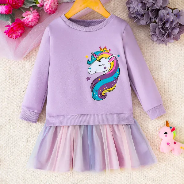 【2Y-7Y】Girls Cute Unicorn Print Purple Sweatshirt Dress - Popopieshop.com 