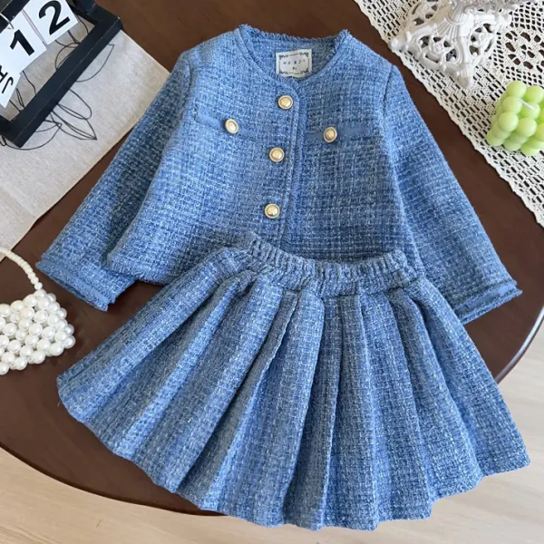 【18M-8Y】2-piece Girls Sweet And Stylish Blue Tweed Jacket And Skirt Set - Popopieshop.com 