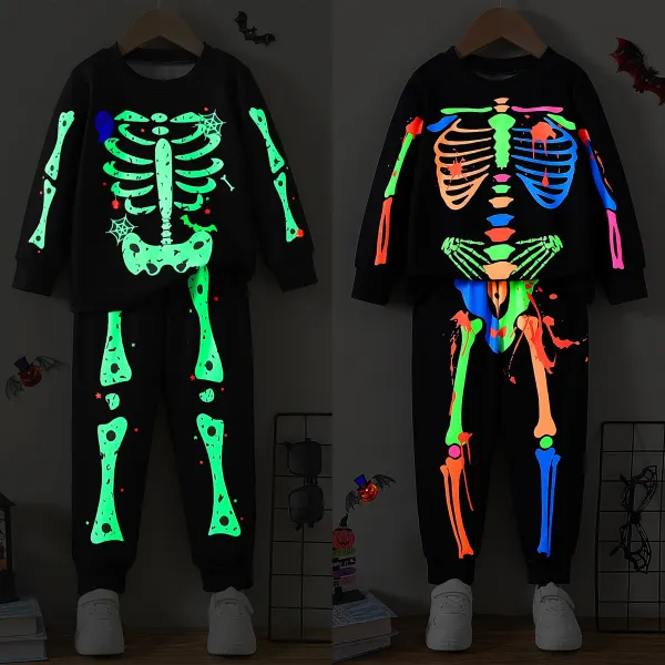 【3Y-7Y】2-piece Kids Hourly Glow-in-the-Dark Halloween Graphic Print Sweatshirt And Sweatpants Set - Popopieshop.com 