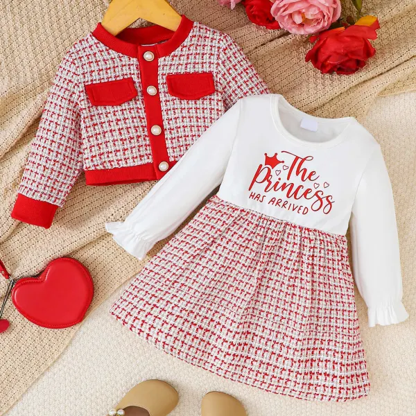 【3M-3Y】2-piece Baby Girls Cute Letter Print Dress And Red Tweed Jacket Set - Popopieshop.com 