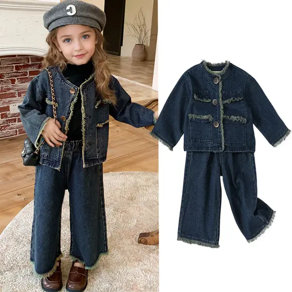 【18M-8Y】2-piece Girls Fashion Fringe Denim Coat And Pants Set - 34785 - Popopieshop.com 