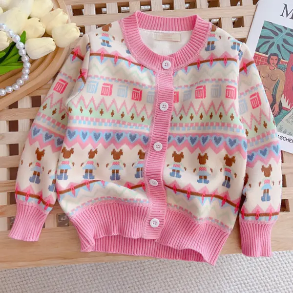 【18M-10Y】Girls Sweet Cartoon Printed Plus Velvet Keep Warm Round Neck Sweater Coat - Popopieshop.com 