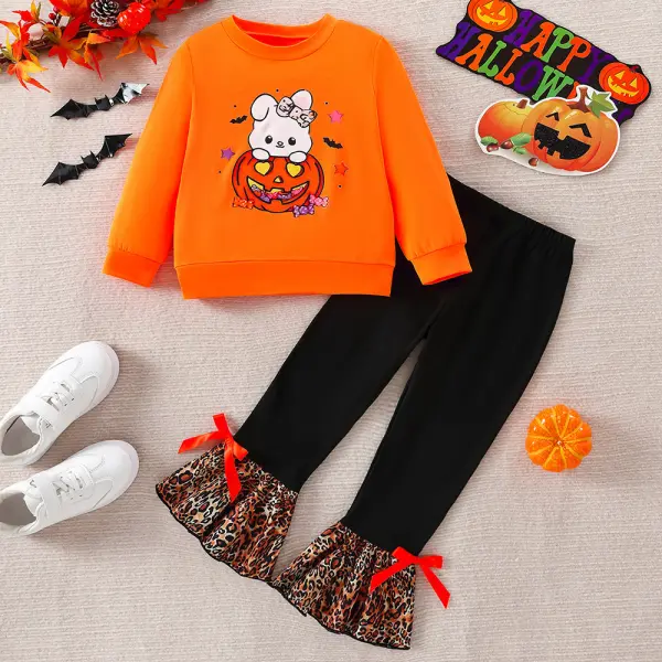 【3Y-10Y】2-piece Girls Halloween Cartoon Pumpkin Print Round Neck Sweatshirt And Leopard Print Flared Pants Set - Popopieshop.com 