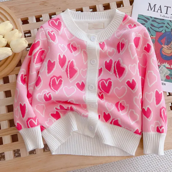 【18M-10Y】Girls Sweet Heart Shape Printed Plus Velvet Keep Warm Round Neck Sweater Coat - Popopieshop.com 