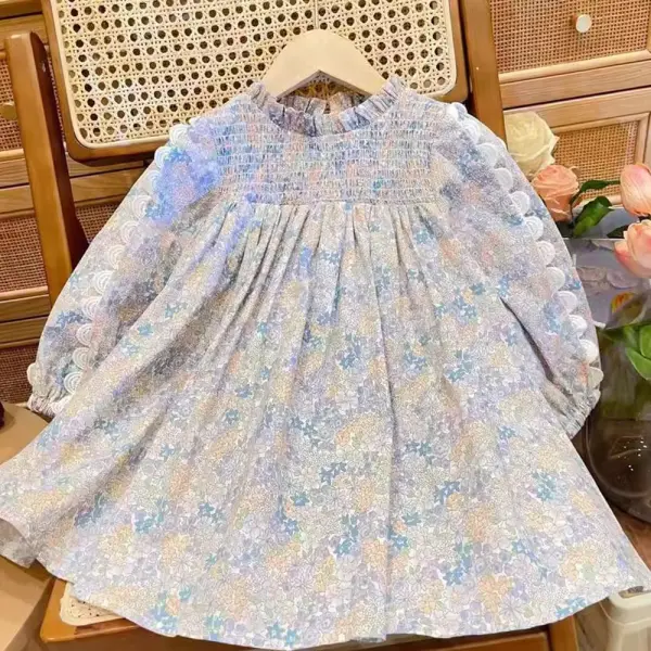 【12M-8Y】Girls Sweet Floral Pleated Puff Sleeve Dress - Popopieshop.com 