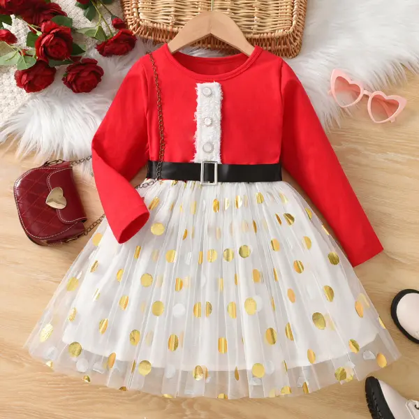 【3Y-8Y】Girls Sweet Red Spliced ​​Polka Dot Print Layered Tulle Long-sleeved Dress - Popopieshop.com 