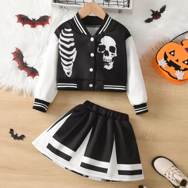 【3Y-8Y】2-piece Girls Fashion Halloween Ribbon Print Colorblock Baseball Jacket And Skirt Set - Popopieshop.com 