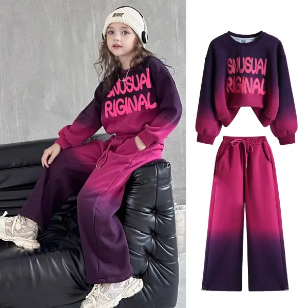 【4Y-15Y】2-piece Girls Casual Cotton Gradient Letter Print Round Neck Sweatshirt And Wide Leg Pants Suit - Popopieshop.com 
