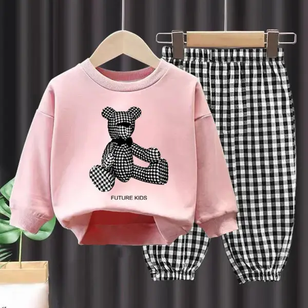 【18M-10Y】2-piece Girl Cute Bear Print Round Neck Sweatshirt And Plaid Pants Multicolor Set - Popopieshop.com 