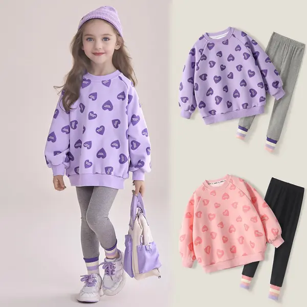【18M-8Y】2-piece Girls Casual Cotton Heart Print Round Neck Sweatshirt And Leggings Set - 34777 - Popopie.com 