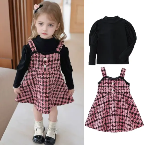 【12M-4Y】2-piece Girls Sweet Black Puff Sleeve T-shirt And Tweed Plaid Suspender Dress Suit - Popopieshop.com 