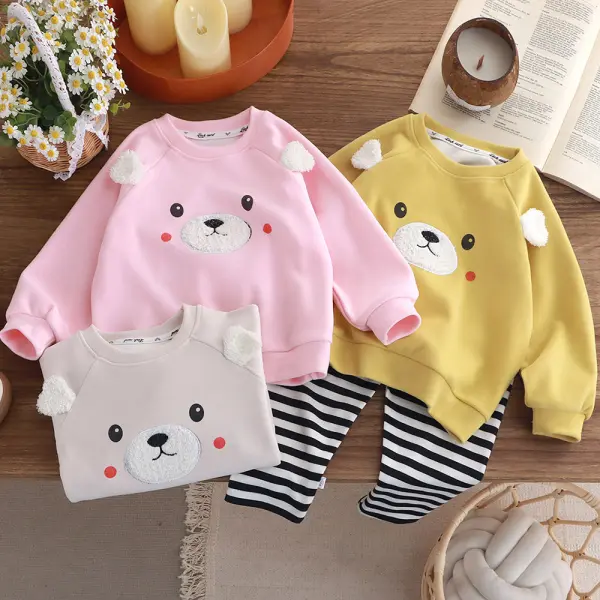 【12M-8Y】2-piece Unisex Cute Bear Embroidery Plus Velvet Keep Warm Round Neck Sweatshirt And Striped Pants Set - Popopieshop.com 