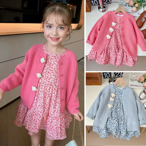 【18M-8Y】2-piece Girls Sweet Floral Chiffon Long-sleeved Dress And Bear Contrast Sweater Coat Set - 34790 - Popopieshop.com 
