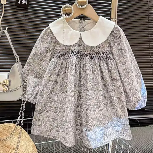 【12M-8Y】Girls Sweet Floral Pleated Doll Collar Long Sleeve Dress - Popopieshop.com 