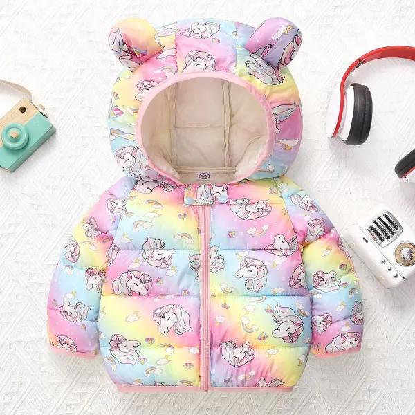 【18M-6Y】Girls Thick Multicolour Cartoon Print Hooded Quilted Jacket - Popopieshop.com 