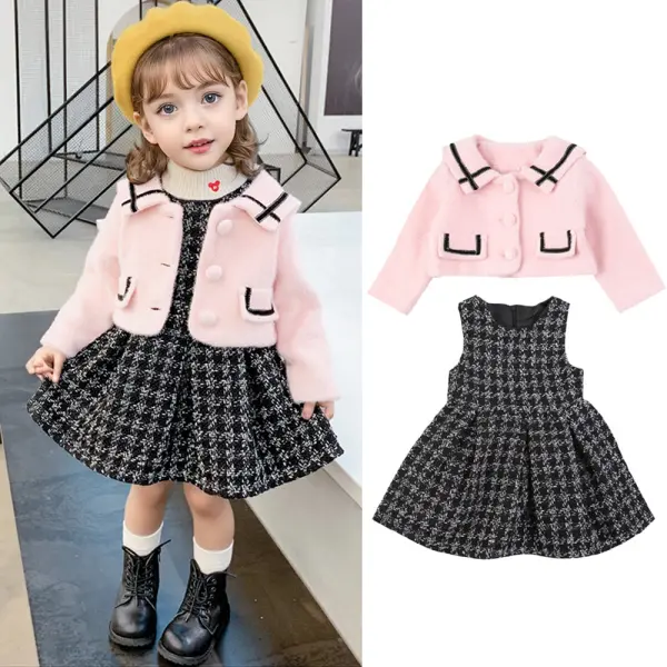 【18M-6Y】2-piece Girls Elegant Tweed Thermal Houndstooth Sleeveless Dress And Lapel Long Sleeve Coat Set - Popopieshop.com 