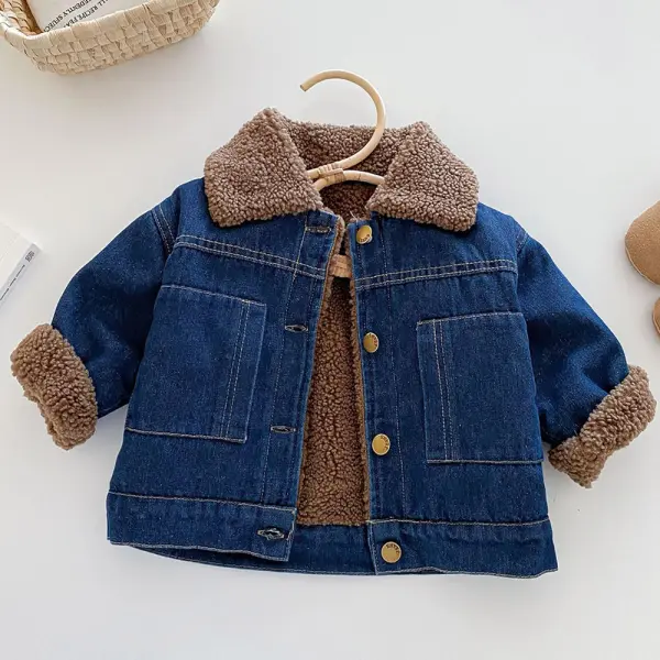 【6M-5Y】Unisex Casual Lamb Fleece Keep Warm Lapel Denim Jacket - Popopieshop.com 