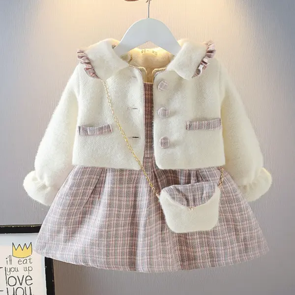 【12M-5Y】2-piece Girls Elegant Plaid Sleeveless Dress And Tweed Keep Warm Lapel Coat Set - Popopieshop.com 