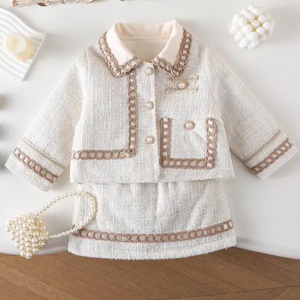 【18M-8Y】2-piece Girls Chanel Style Tweed Keep Warm Lapel Coat And Skirt Set - Popopieshop.com 