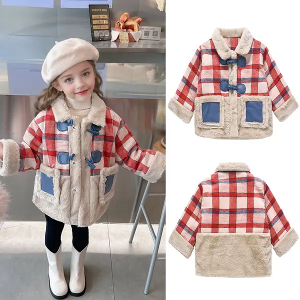 【12M-6Y】Girls Retro Red Plaid Fur All-in-one Keep Warm Lapel Coat - 31190 - Popopieshop.com 