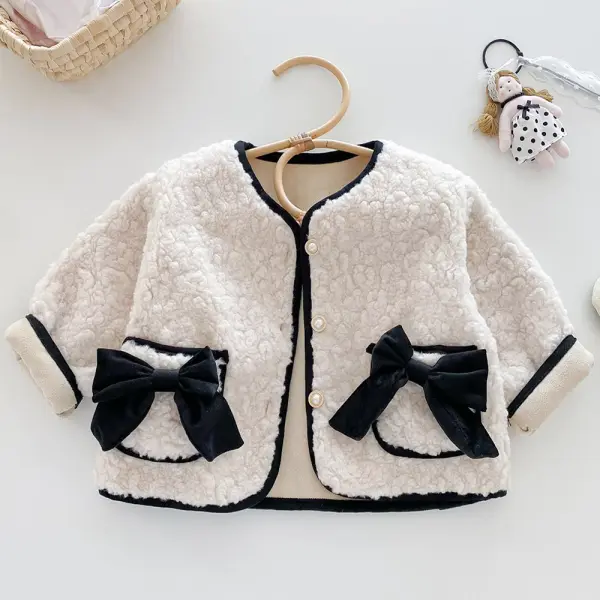 【6M-5Y】Girls Sweet Lamb Fleece Keep Warm Bowknot Round Neck Coat - Popopieshop.com 