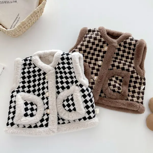 【6M-5Y】Girls Cute Plaid Plus Velvet Keep Warm Vest Coat - Popopieshop.com 