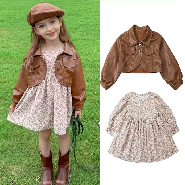 【18M-8Y】2-piece Girls Fashion Floral Long Sleeve Dress And Leather Lapel Jacket Set - 34791 - Popopieshop.com 
