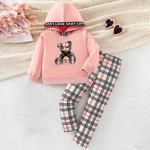 【3Y-10Y】2-piece Girls Pink Plaid Bear Print Hooded Sweatshirt And Pants Set - Popopieshop.com 