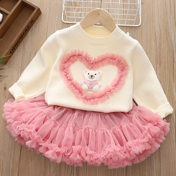 【12M-6Y】2-piece Girls Bear Applique Sweater And Mesh Skirt Set - Popopieshop.com 