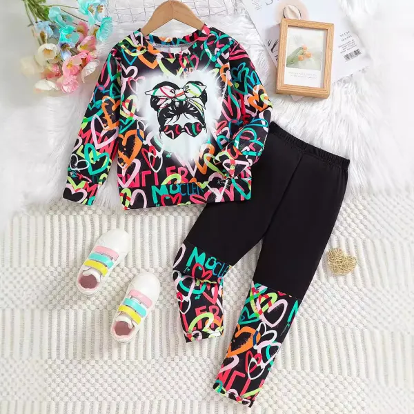 【3Y-8Y】2-piece Girls Colorful Letter Cartoon Long Sleeve Sweatshirt And Pants Set - Popopieshop.com 
