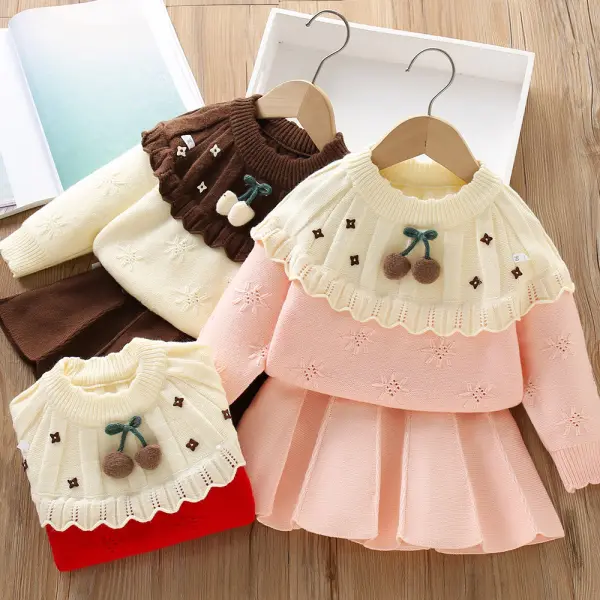 【18M-6Y】2-piece Girls Cherry Applique Long Sleeve Sweater And Skirt Set - Popopieshop.com 