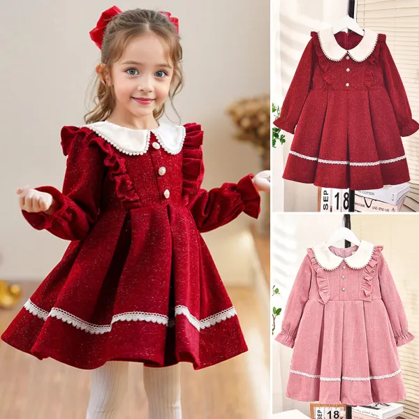 【2Y-10Y】Girls Velvet Pearl Lapel Long Sleeve Dress - 33503 - Popopieshop.com 