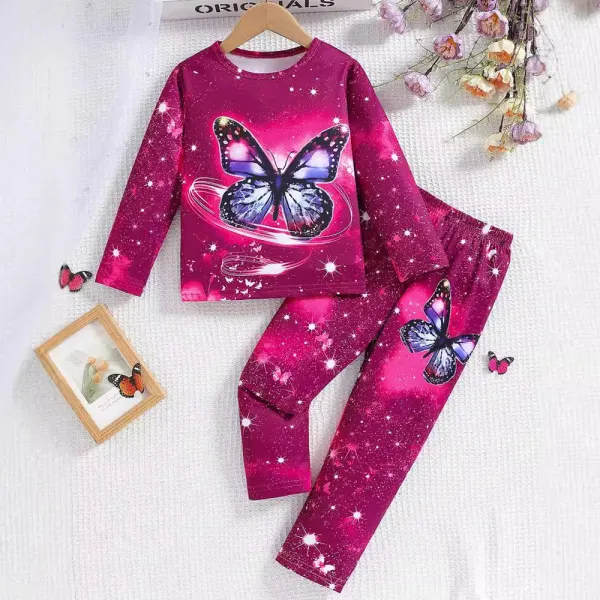 【3Y-8Y】2-piece Girls Purple Butterfly Print Long Sleeve T-shirt And Pants Set - Popopieshop.com 