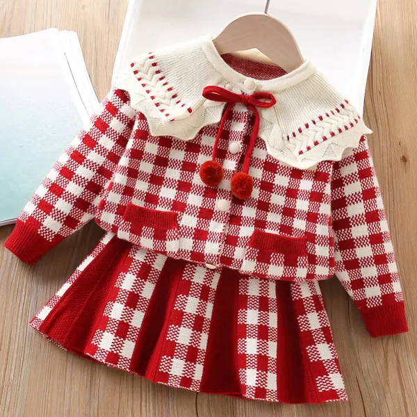 【18M-6Y】2-piece Girls Plaid Lapel Long Sleeve Sweater Cardigan And Skirt Set - Popopieshop.com 