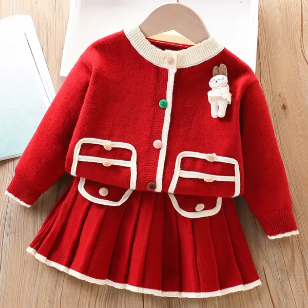 【18M-6Y】2-piece Girls Bunny Applique Long Sleeve Sweater Cardigan And Skirt Set - Popopieshop.com 