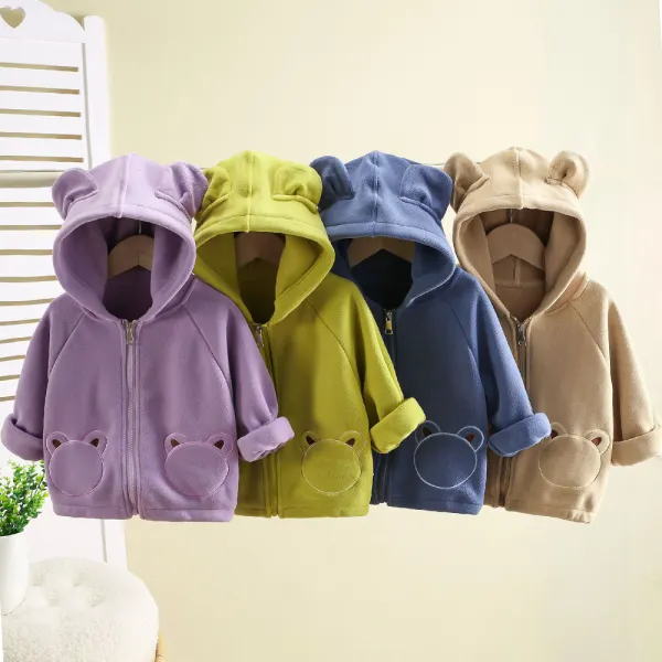 【9M-4Y】Unisex Kids Flannel Bear Embroidered Long Sleeve Hooded Jacket - Popopieshop.com 