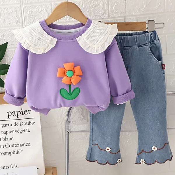 【9M-4Y】2-piece Girls Floral Embroidered Applique Long Sleeve Sweatshirt And Jeans Set - Popopieshop.com 
