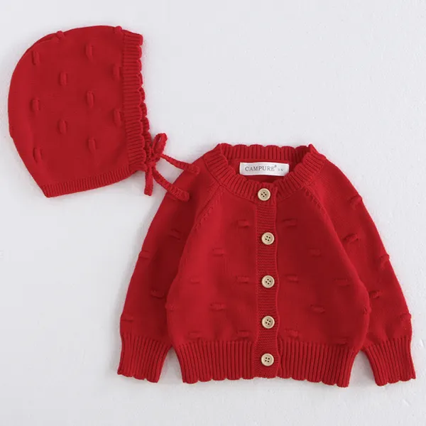 【3M-5Y】2-piece Girls Solid Color Sweater Cardigan With Hat - Popopieshop.com 