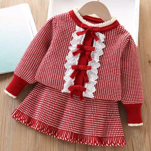 【18M-6Y】2-piece Girls Bow Sweater Cardigan And Skirt Set - Popopieshop.com 