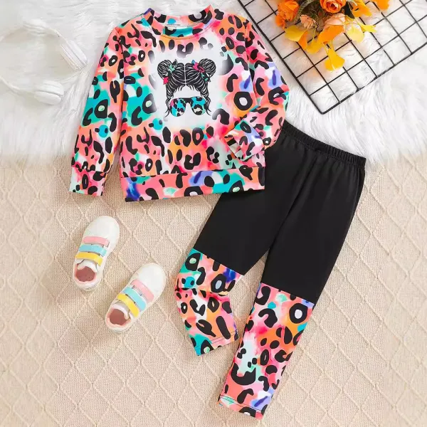 【3Y-8Y】2-piece Girls Cartoon Leopard Print Long Sleeve Sweatshirt And Pants Set - Popopieshop.com 