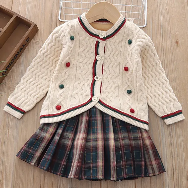 【12M-5Y】2-piece Girls Pom Pom Long Sleeve Sweater Cardigan And Plaid Pleated Skirt Set - Popopieshop.com 