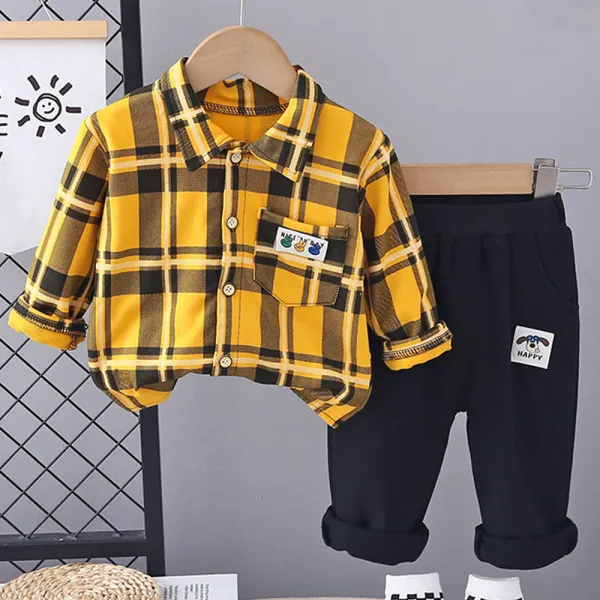 【9M-4Y】2-piece Boys Plaid Long Sleeve Shirt And Pants Set - Popopieshop.com 