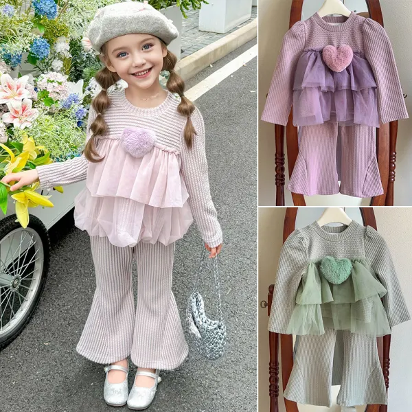 【18M-8Y】2-piece Girls Heart Applique Mesh Ruffle T-shirt And Pants Set - 34783 - Popopieshop.com 