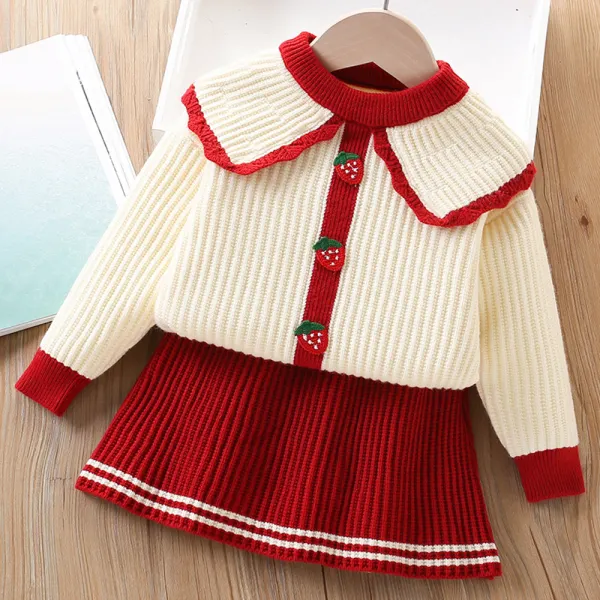 【18M-6Y】2-piece Girls Strawberry Embroidered Long Sleeve Sweater And Skirt Set - Popopieshop.com 