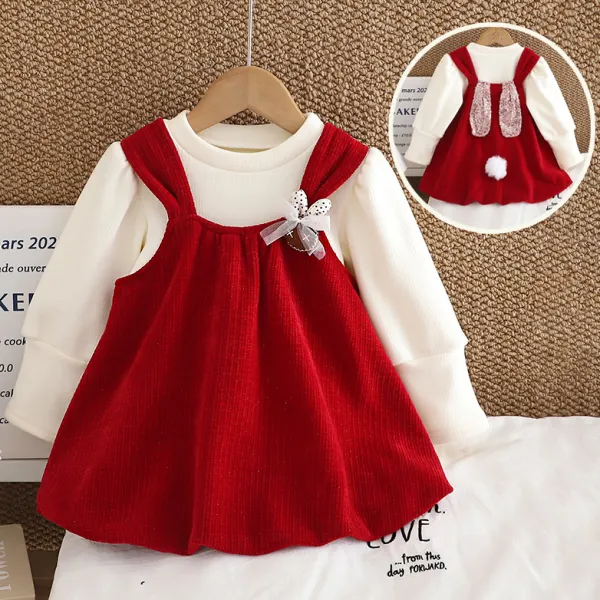 【12M-5Y】2-piece Girls Sweet Red Velvet Dress And Padded Scrunchy White T-shirt Set - Popopieshop.com 