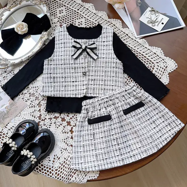 【18M-8Y】2-piece Girls Elegant Bow Tweed Vest And Skirt Set (T-shirt Not Included) - Popopieshop.com 