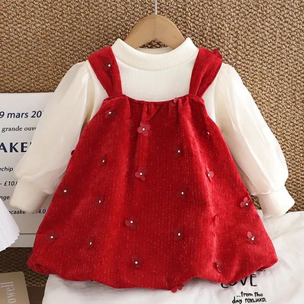 【12M-5Y】2-piece Girls Sweet Red Flower Embroidered Red Dress And Padded Scrunchy White T-shirt Set - Popopieshop.com 