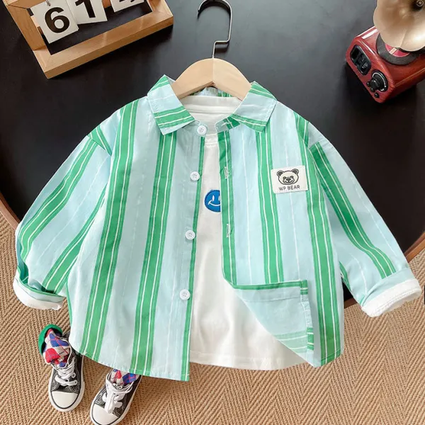 【12M-5Y】Boys Casual Stylish Green Striped Long Sleeve Shirt - Popopieshop.com 