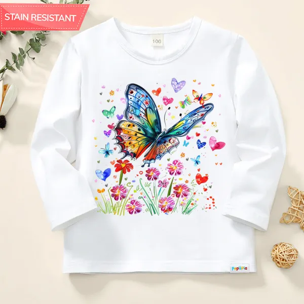 【12M-9Y】Girls Cute Sweet Butterfly And Flowers Print Cotton Stain Resistant Long Sleeve T-shirt - Popopieshop.com 